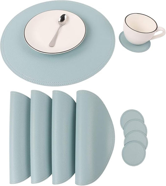 Faux Leather Round Placemats and Coasters, Coffee Mats Kitchen Table Mats, Waterproof, Easy to Clean for Kitchen Dining Round Table, Set of 4