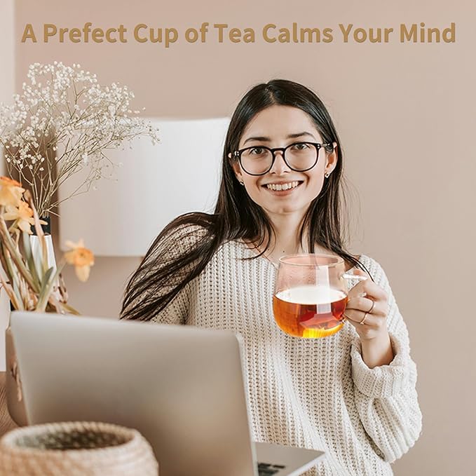 Glass Tea Cup with Infuser and Lid, 14.5oz/450ml Large Borosilicate Glass Teacup with Stailess Steel Filter, Clear Mug for Loose Leaf Blooming Tea, Dishwasher Safe - Tea Maker Gift.