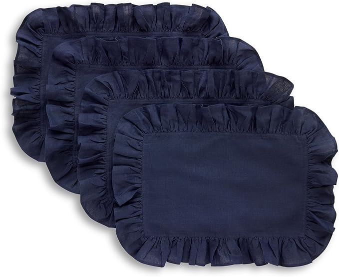 Solino Home Linen Placemats Set of 4-100% Pure Linen Navy Blue Placemats 14 x 19 Inch - Gabrielle Ruffle, Handcrafted and Machine Washable