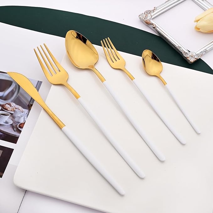 36pcs Silverware Set, 18/10 Stainless Steel Serving Flatware With Curved Handle For 6, Durable Eating Utensils For Home Entertaining, Mirror Polished (White Gold)