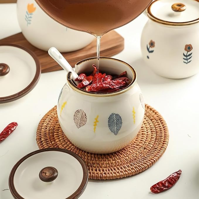 Ceramic Salt and Sugar Bowl, Porcelain Condiment Jars with Lid and Spoon, Seasoning Spice Pot Bowl, Salt Sugar Pepper Storage Jar, 400ml, Leaves