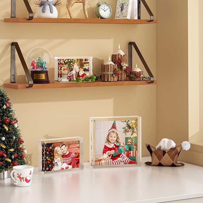 Egofine 3.5x5 Acrylic Frames 2 Pack, 20mm Thicker Frameless Clear Picture Frames, Double Sided Magnetic Picture Frames, Free Standing Desktop Display
