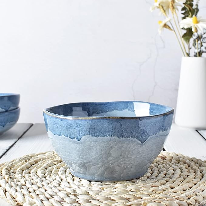 Bosmarlin Ceramic Soup Bowl Set of 4, 28 Oz, Cereal Bowl for Oatmeal, Dishwasher and Microwave Safe, Reactive Glaze (Blue, 6 inches)