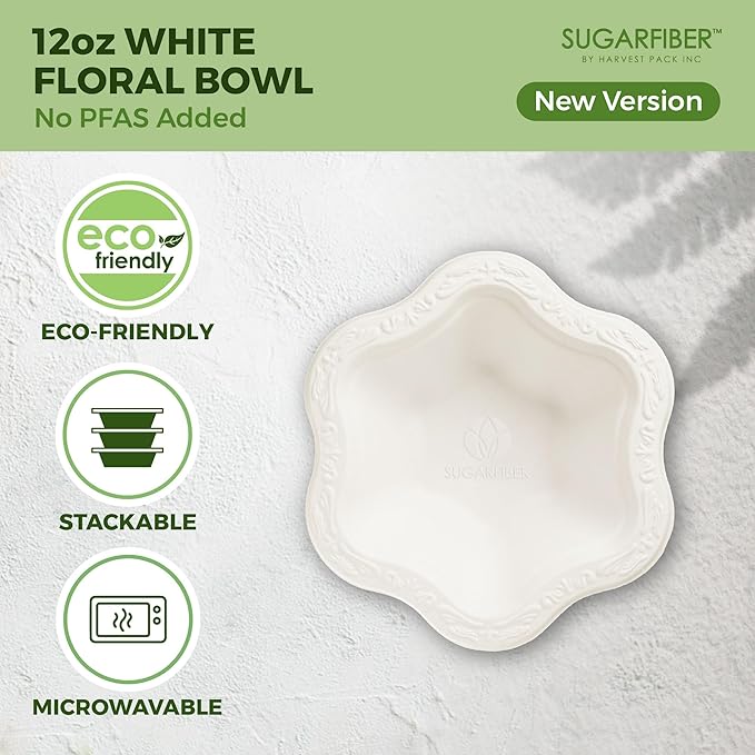 [400 COUNT]12oz Compostable Floral White Paper Bowls - Acanthus Collection Natural Sugarcane Disposable Bagasse Bowls Eco Friendly Plastic-Free ice cream Bowl Elegant - New Version