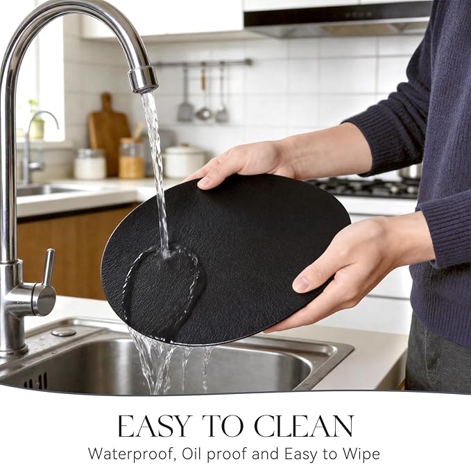 MOSAYT 13 Inch Round Vinyl Placemats Set of 8 - Faux Leather 100% Waterproof Oil-Proof Wipeable PU Place Mats, Heat Resistant Reversible Table Mats for Kitchen, Dining, Outdoor (Black)