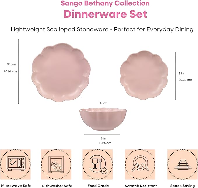 Sango 12 Pieces Scalloped Dinnerware Set, Modern Pink Dishes for 4, Premium Serving Plates & Bowls Sets, Chip & Scratch Resistant, Ceramic Dishware, Kitchen Dish, Microwave & Dishwasher Safe, Bethany