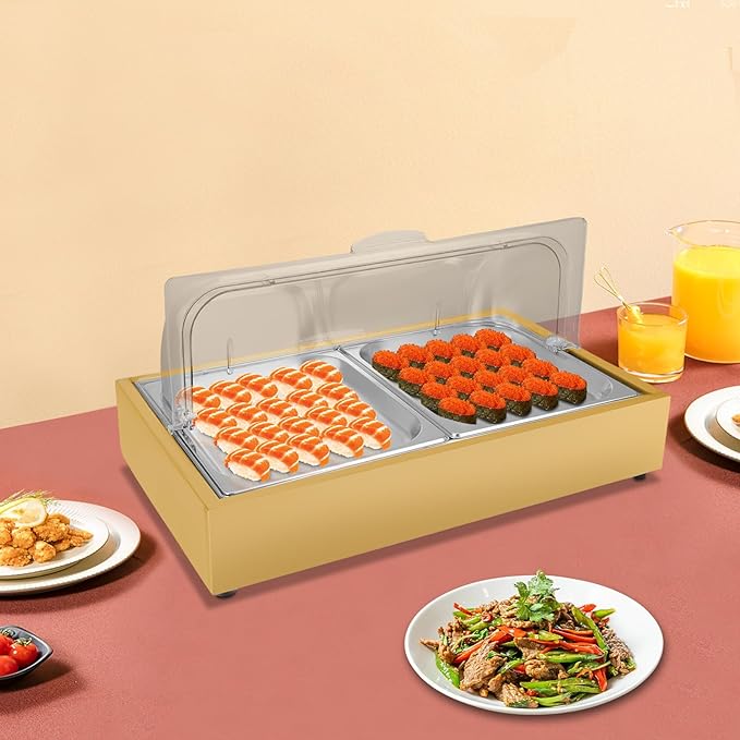 Ice Food Serving Display Tray, 3L/3.17Qt Stainless Steel Buffet Cold Serving Cooler Platter, Cooling Food Dishes Display Plate Case with Clear Cover for Salad, Fruit, Dessert