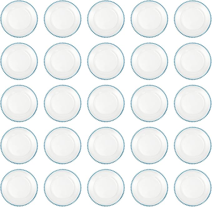 25 Pack Blue Charger Plates – Elegant Round Decorative Plates with Beaded Edge – Clear & Gold Hot-Stamped PS Platters for Weddings, Parties, Banquets – Stackable, Reusable