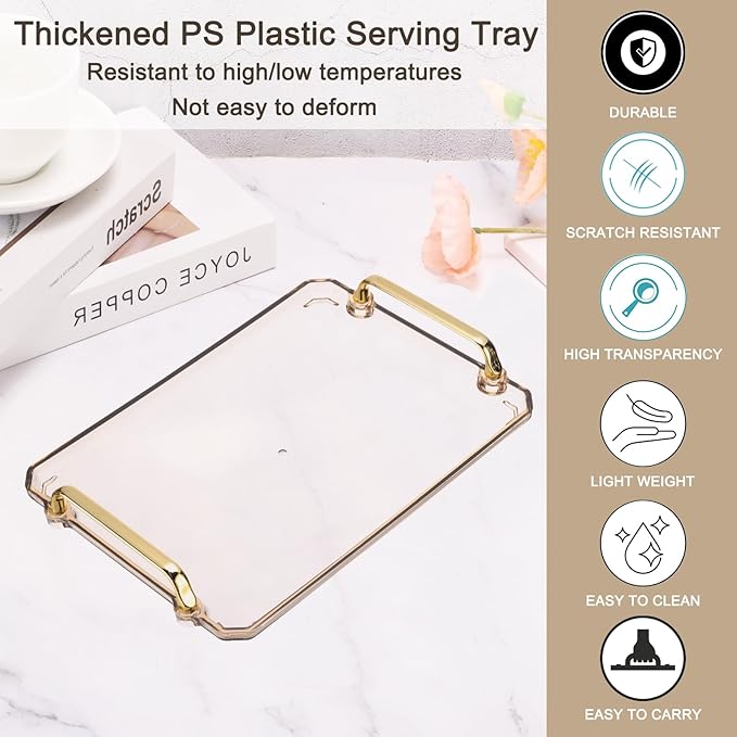 PATIKIL 12 x 8.6 Inches Plastic Serving Tray with Golden Handles, Reusable Tray Rectangular Party Platters for Dessert Coffee Tea Table, Living Room Kitchen Countertop, Amber