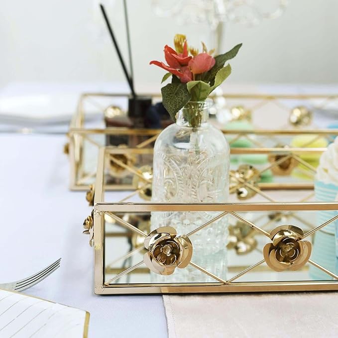 Efavormart Set of 2 Gold Metal Decorative Serving Trays Floral Bordered Rectangle Mirror Trays - 19"x12" / 15"x8"