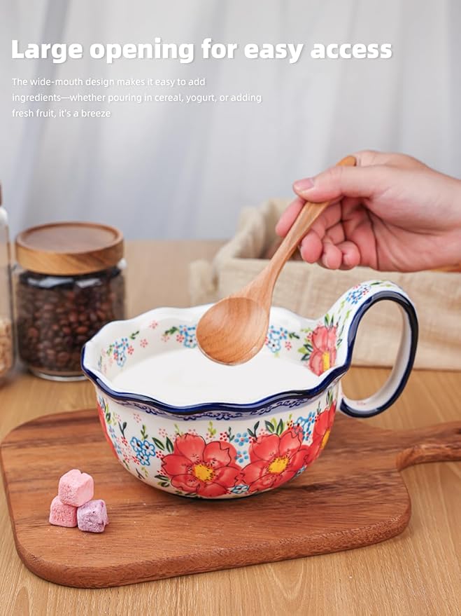 silesia Handmade Ceramic Soup Bowl, 30 oz Hand Painted Bowl with Loop Handle, Floral Design Cereal Bowl for Soup, Ice cream, Snack, Microwave & Dishwasher Safe (Flowers Pink)
