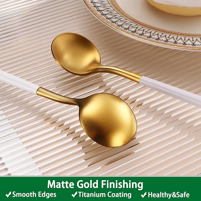 6.7 Inches Satin Gold Stainless Steel 18/10 Coffee Spoons Set With White Handle,Set Of 4 Teaspoons,Brushed Gold Small Tea Spoons For Dessert,MIni Coffee Stirring Spoon