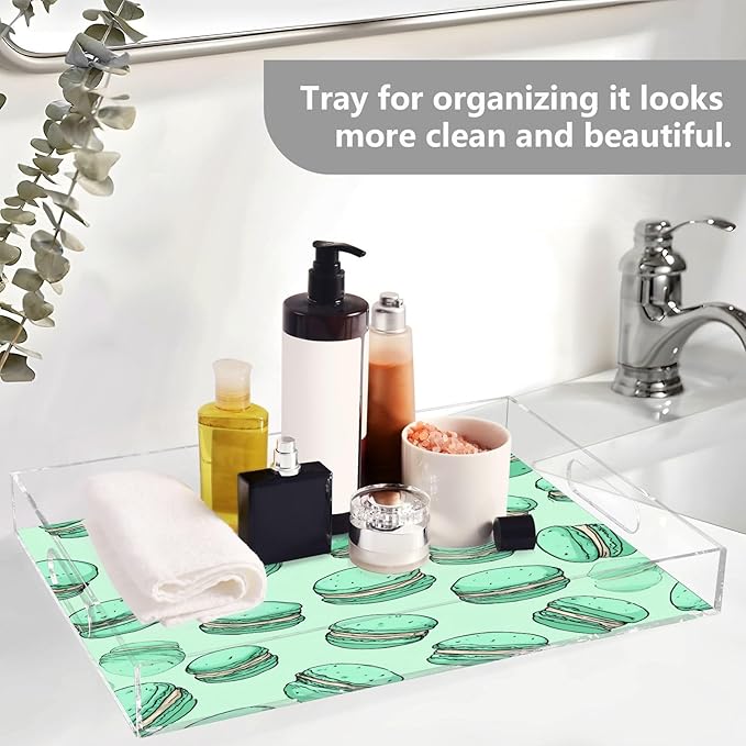 Serving Tray with Handles Clear Acrylic Tray 12x16 Inch Decorative Rectangular Tray Organizer for Ottoman Coffee Table Bathroom Mint Green Cute Macarons