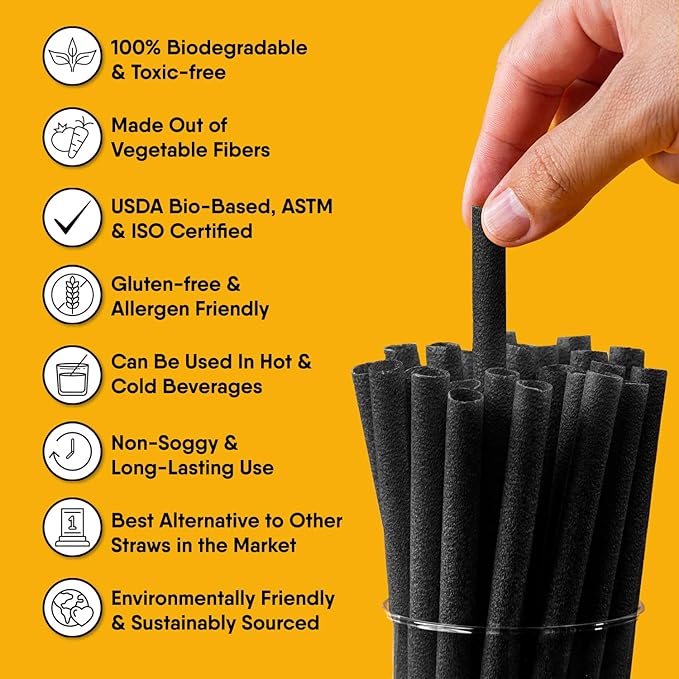 – 300 PCS of 8.25 Inches Unwrapped Biodegradable Black Straws – Made of Vegetable Fibers, Best Environment Friendly Drinking Straws for Hot and Cold Beverages