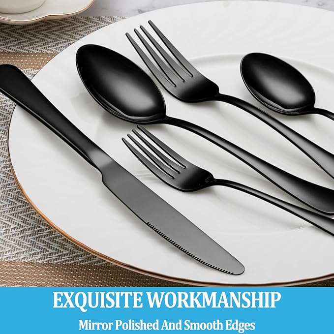 60 Pcs Black Silverware Set, Stainless Steel Serving Sets Service for 12, Mirror Polished Serving Utensils Set, Durable Home Kitchen Eating Tableware Set, Include Fork Knife Spoon Set,Dishwasher Safe