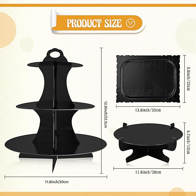 Zopeal 7 Pcs Dessert Table Display Set 3-Tier Cupcake Stand 1-Tier Cup Cake Display Tower Platters and Serving Trays Cardboard Cake Cookie Holders for Wedding Birthday Party Baby Shower(Black)