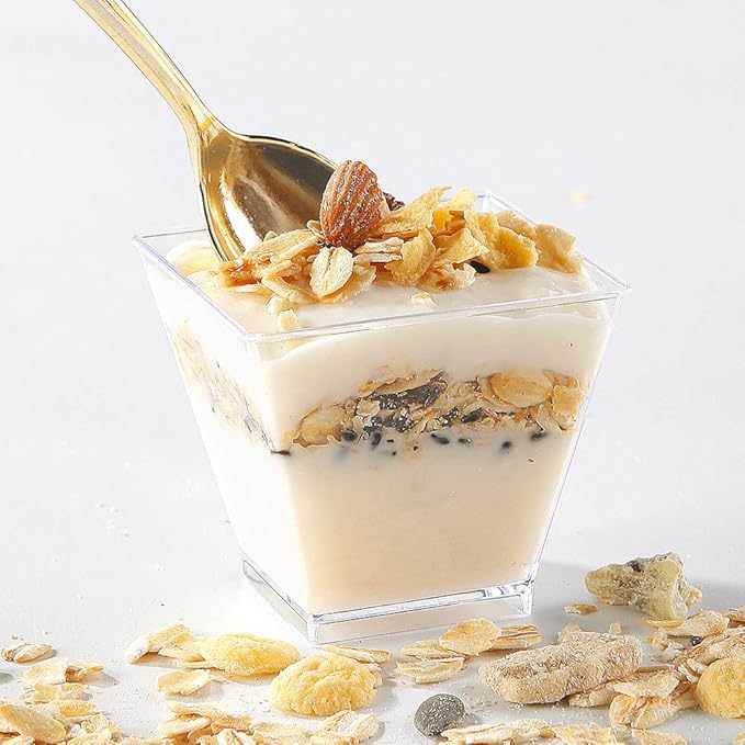 supernal 2oz Square Plastic Mini Dessert Cups with Gold Spoons,Parfait Appetizer Cup,100pcs Cups,100pcs Gold Spoons,Perfect for Birthday,Party,Wedding