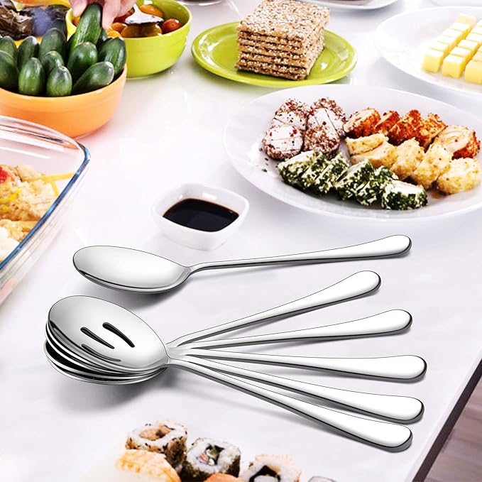 LIANYU Large Serving Spoons and Forks Set of 12, Stainless Steel Buffet Catering Dinner Party Slotted Serving Spoon Fork, 9.8 Inch, Mirror Finished, Dishwasher Safe
