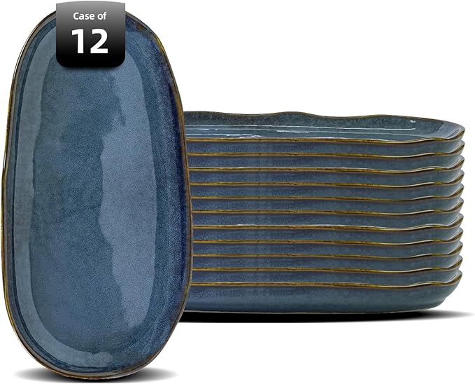 Organic Shape Highland Ceramic Serving Tray, 12pcs 11.625 * 5.125inch Handmade Reactive Glaze Stoneware Tray with Wavy Edge, for Kitchen, Microwave & Dishwasher Safe, Scratch Resistant-Blue