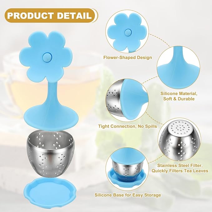 uxcell 2 Pcs Flower Tea Infuser, Stainless Steel Loose Leaf Tea Steeper Filter with Silicone Handle Reusable Coarse Pores Mesh Strainer Diffuser for Teacups Teapots Mugs, Blue