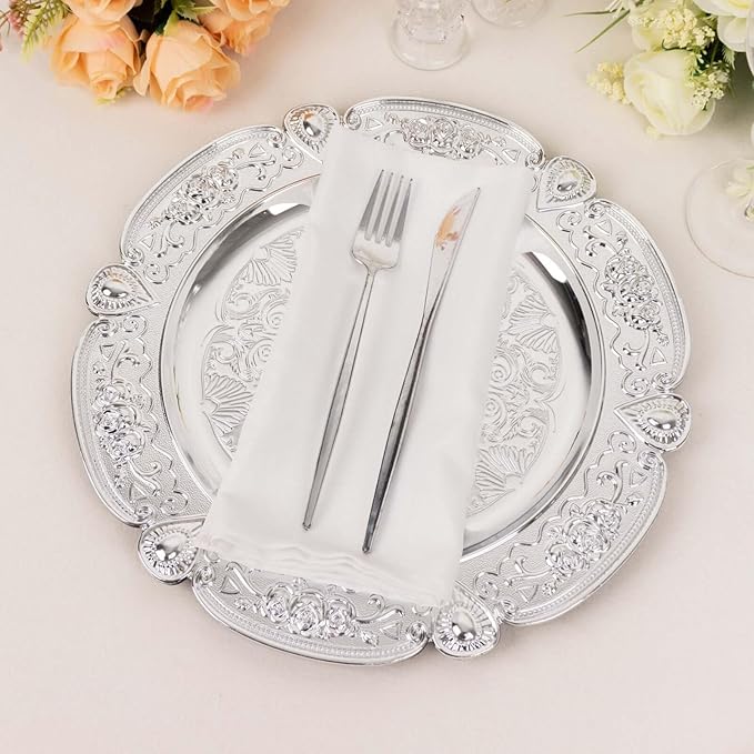 Efavormart 6 Pack Silver Floral Embossed Acrylic Charger Plates With Scalloped Rim, 13" Round Plastic Decorative Serving Plates