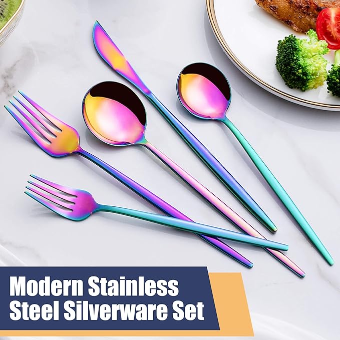 20 Piece Rainbow Silverware Set,Stainless Steel Flatware Cutlery Set Service for 4,Forks Spoons Knives,Kitchen Utensil Set,Tableware for Home and Restaurant, Dishwasher Safe
