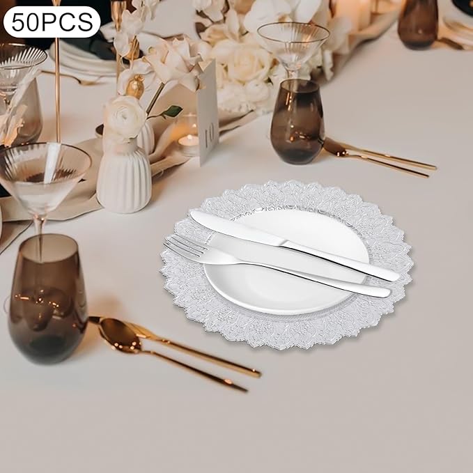 50 Pcs Antique Charger Plates Bulk 13 Inch Embossed Rim Plastic Party Dinner Plate Chargers Round Decorative Server Plate for Wedding Party Event Tableware (50PCS-Silver3)