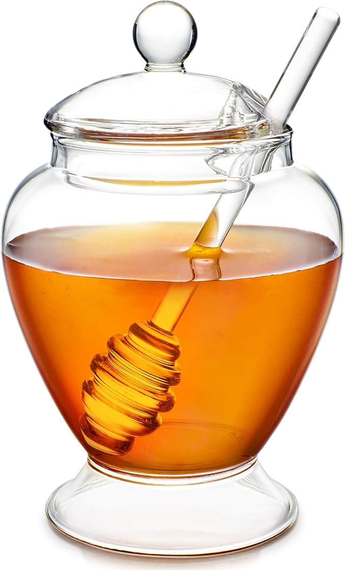 Teabloom Pure Bliss Honey Jar with Dipper and Lid - Hand-crafted with Highly Hygienic, Non-Porous Borosilicate Glass (14 oz)