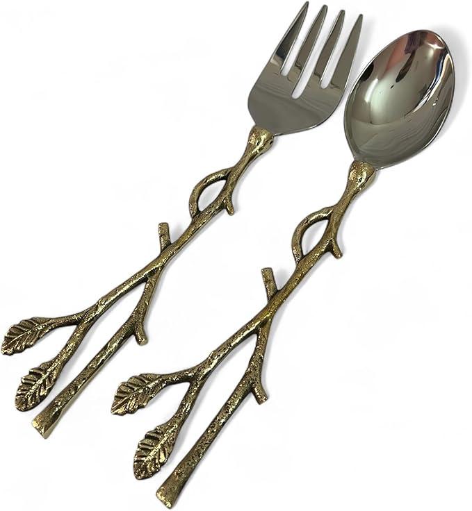 Gold Salad Serving Spoon and Fork Set – Stainless Steel with Decorative Leaf Handle – Elegant 2-Piece Flatware Set for Salad, Pasta, Fruits (11.7 inch)