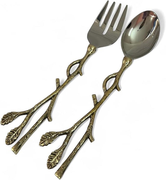 Gold Salad Serving Spoon and Fork Set – Stainless Steel with Decorative Leaf Handle – Elegant 2-Piece Flatware Set for Salad, Pasta, Fruits (11.7 inch)