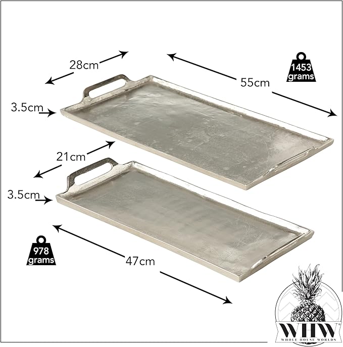 Grand Hotel Serving Trays, Set of 2, Brilliant Craft Finish, Hand Cast Silver Aluminum, 21.75 and 18.5 Inches, Pads on Bottom,Rectangles