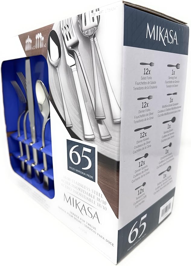 Mikasa, Alyse Flatware Service for 12, 65 Piece Set, 18/10 Stainless Steel, Silverware Set with Serving Utensils