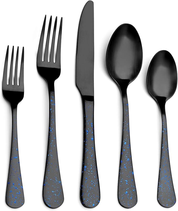 O.C.E. Matte Black Silverware Set, Stainless Steel Flatware, 20-Piece Tableware Cutlery Service for 4, Satin Finish Utensils, Dishwasher Safe (Starry Blue)