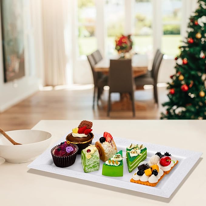 Maxcheck 24 Pcs Plastic Serving Tray Platter Set 14 x 7.5 Inches Lace Rim Serving Trays for Food Dessert Fruit Cupcake Weddings Table Parties Display (White)