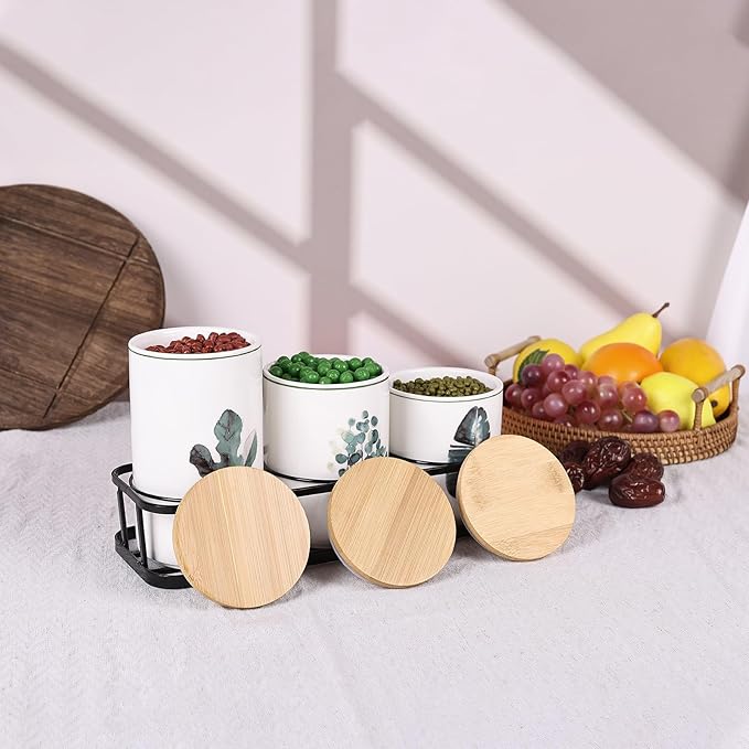 Ceramic Canister Set for Kitchen Countertop - A Set of 3 Kitchen Canisters with Tiered Shelf, Airtight Countertop Flour and Sugar Containers, Coffee and Tea Storage (Green plants A)