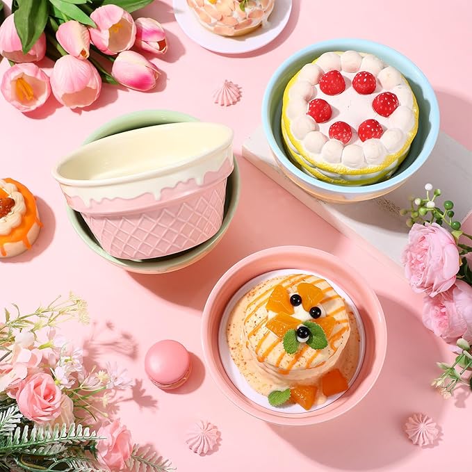 Honeydak 4 Pcs Ice Cream Ceramic Bowls 12 oz Waffle Ice Cream Cups Reusable Sundae Dessert Snack Containers for Christmas Summer Kid Adult Birthday Home Yogurt Soup Bar Party Supplies