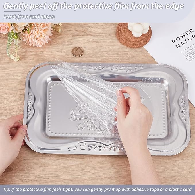 ORIGACH 6 Pack 13.78x8.58 Inch Large Sliver Serving Trays Set, Rectangle Engraved Floral Border Mirror Tray, Stainless Steel Tableware Platters for Cookies, Desserts, Wedding & Birthday Display