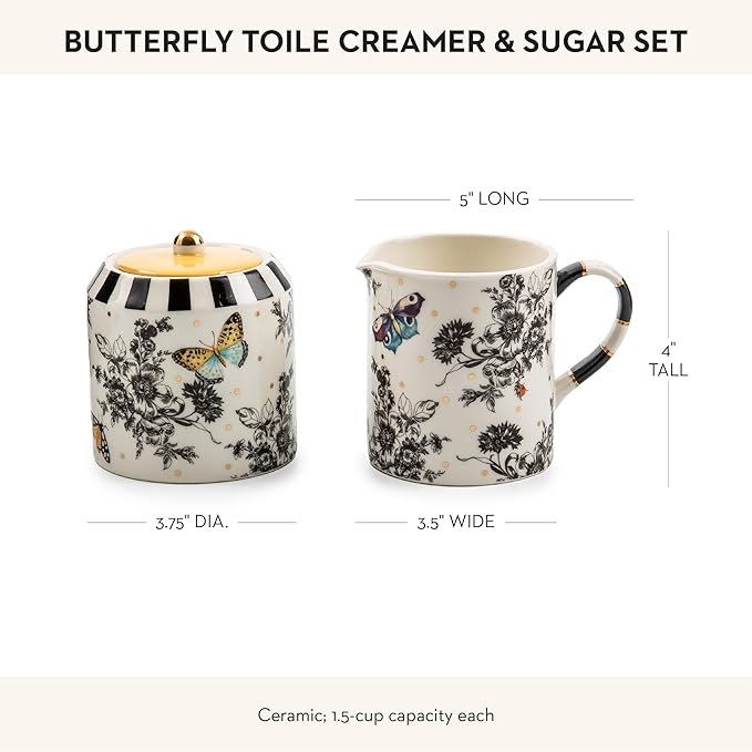 MACKENZIE-CHILDS Creamer and Sugar-Bowl Set, Cream Dispenser and Sugar Holder, Unique Kitchen Decor, Butterfly Toile