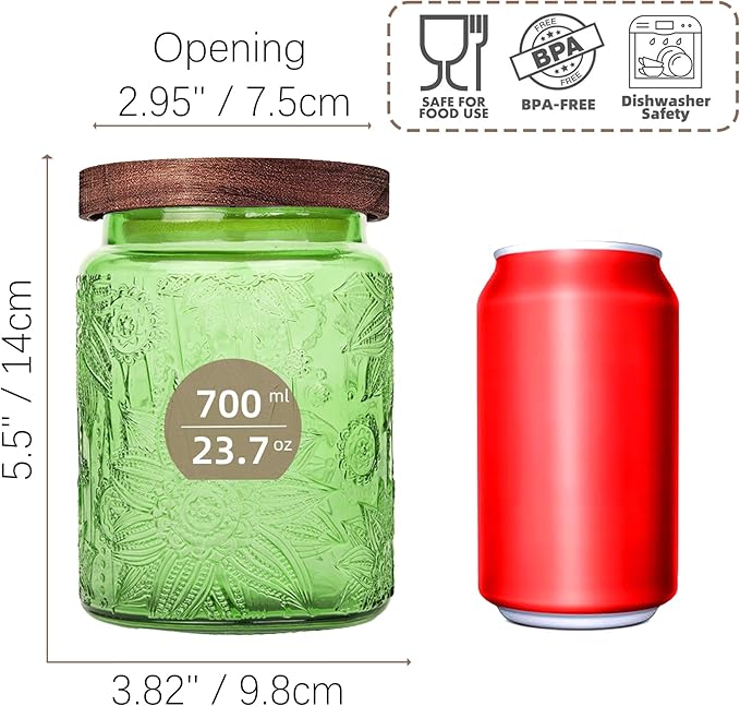 Glass Storage Jars With Airtight Lid, 23.7oz Canister For Kitchen Counter with Wooden Lid, brown sugar, candy, coffee, cookie, salt, tea,pantry cute Jar (Green, 23.7 floz)