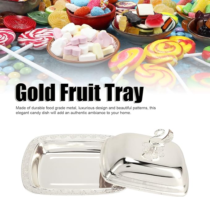 Gold Stainless Steel Gold Serving Tray, European Style Elegant Serving Platter Small Storage Fruit Tray, Eating Trays Metal Fruit Plate Table Decoration with Lid for Snacks Candies Desserts(Silver)