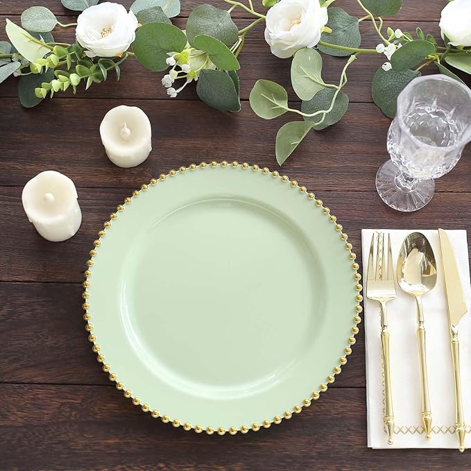10" Dinner Plates - Set of 30 - Plastic Sage Green/Gold Round Disposable Plate Beaded Rim, Ideal for Decoration Party Wedding Bulk Events