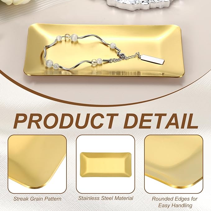 uxcell Decorative Tray, 5.9x3 Stainless Steel Rectangular Frosted Serving Tray for Dessert Napkin Towel Candle Jewelry Bathroom Platter, Stackable, Gold