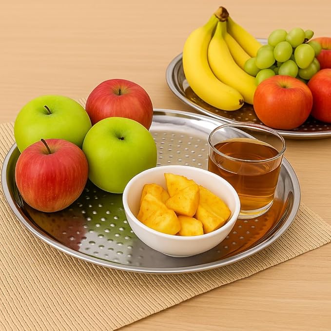 Set of 2 Stainless Steel Hammered Serving Trays – 11.5 Inch Round Platter for Fruit, Snacks, Tea – Mirror Finish, Rust-Proof, Dishwasher Safe – Kitchen & Gifting Tray Set