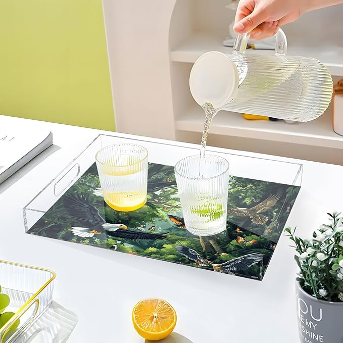 Serving Tray with Handles Clear Acrylic Tray 12x16 Inch Decorative Rectangular Tray Organizer for Ottoman Coffee Table Bathroom Bald Eagles and Forest Butterflies Bees