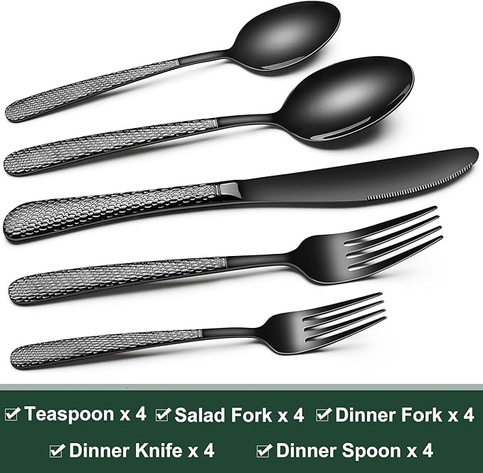 Black Hammered Silverware Set, 20-Piece Stainless Steel Heavy Duty Flatware Set for 4, Food-Grade Tableware Cutlery Set, Utensil Sets for Home Restaurant, Mirror Finish