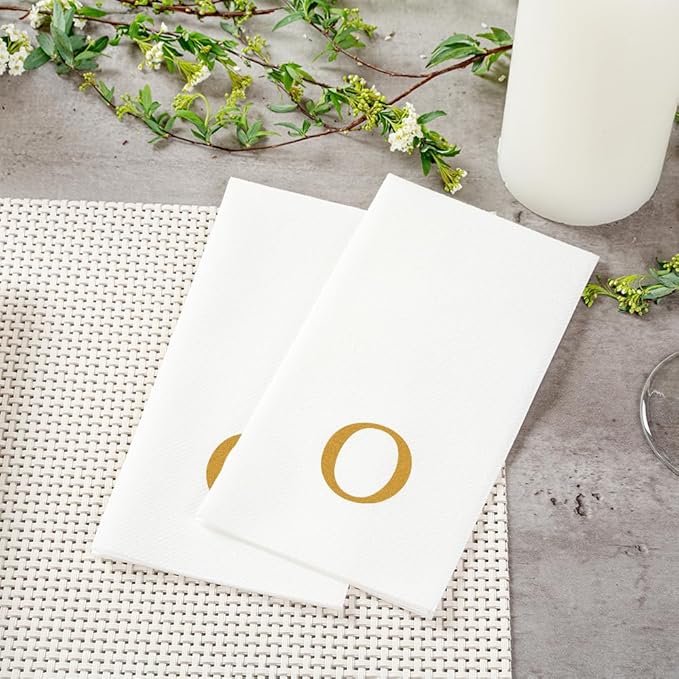 Luxenap 15.8 X 7.9 Inch Linen-Feel Guest Towels, 2000 Lettered Hand Towels - Gold Letter 'O', Sans Serif Font, White Paper Dinner Napkins, airlaid, For Restrooms And Tables