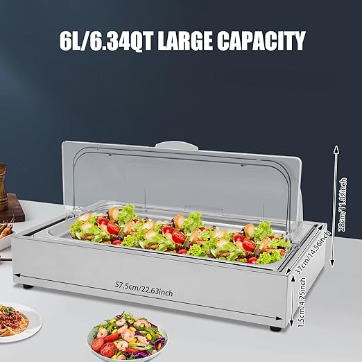 Cold Food Buffet Server, 6L Stainless Steel Ice Food Serving Display Tray with Clear Roll Top PC Cover and Ice Box, Countertop Chilled Serving Tray Platter for Fruit Party Buffet Silver