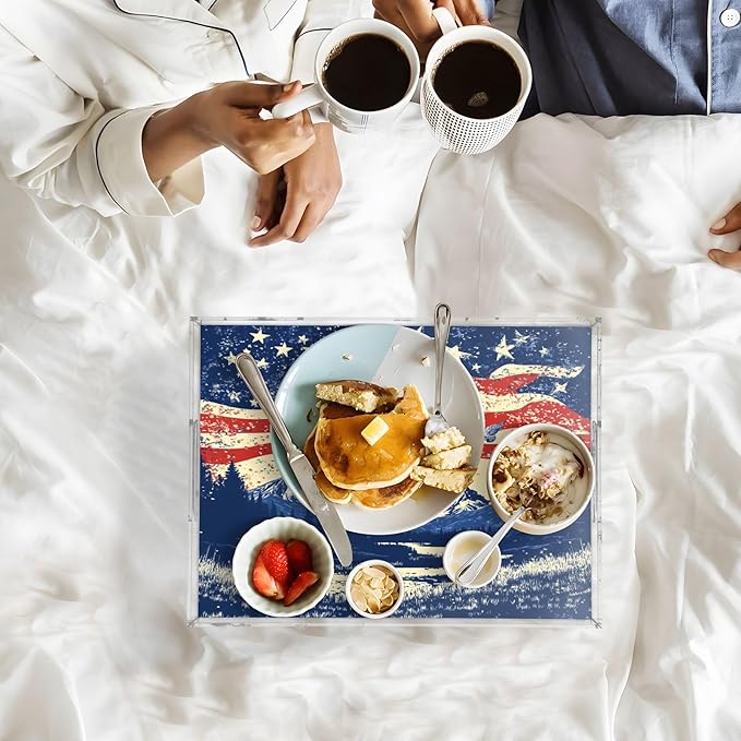 Serving Tray with Handles Clear Acrylic Tray 12x16 Inch Decorative Rectangular Tray Organizer for Ottoman Coffee Table Bathroom July 4th Flags Mountains Blue