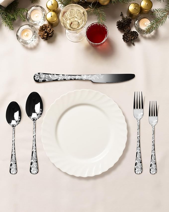 20-Piece Silverware Set, AORESAC Flatware Set for 4, Butterfly Flower Design, Mirror Polish, Forks Spoons, and Knives set for Home and Kitchen, Dishwasher Safe (Black)