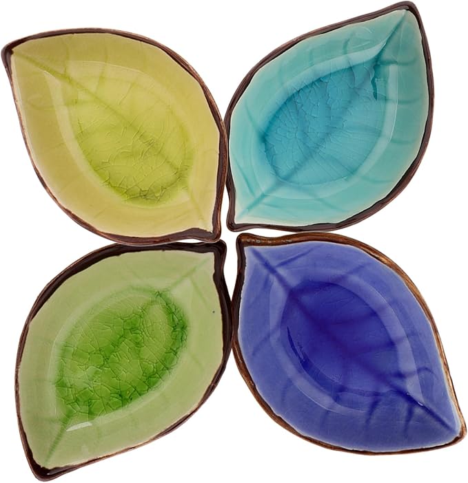4pcs Crackle Glaze Ceramic Leaf Plates Small Appetizer Dishes for Condiments Sushi Jam and Desserts Yellow Lake Blue and Green Versatile Porcelain Saucers for Parties and
